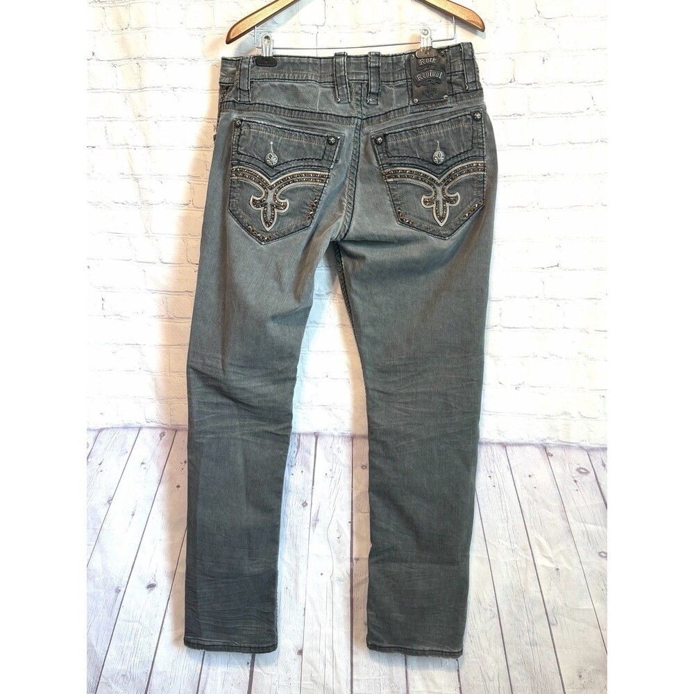 Rock Revival Penn Straight Grey Denim Jeans Mens Size 36x33 Y2K Fleur De Lis